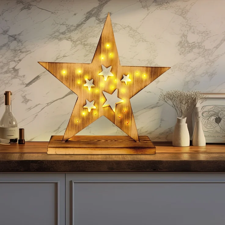 LED Adventsstern, Holz, Pinie, Timer, Batterie, H 49 cm – Bild 2