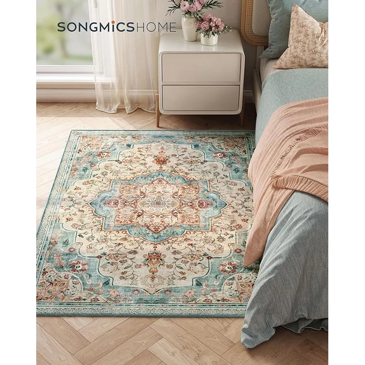 Songmics HOME Teppich, 120x170 cm, Wohnzimmerteppich, Rutschfester Teppich, traditioneller Vintage-Stil, für Wohnzimmer, Küche, Flur, Esszimmer, maschinenwaschbar,Aquamarinblau – Bild 1