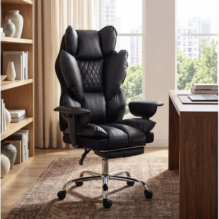 Chefsessel aus Kunstleder mit Taschenfederkern & Liegefunktion, 80x67x130 cm, Schwarz