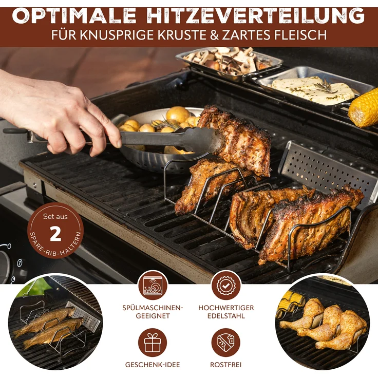 2in1 Spare Ribs- und Bratenhalter 2er Set, Rippchenhalter mit Tragegriffen, aus rostfreiem Edelstahl – Bild 2