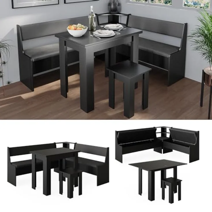 Vicco Eckbankgruppe Roman, Schwarz/Mooreiche, Holzwerkstoff, 180x80x150 cm, ausziehbarer Tisch für Esszimmer – Bild 2