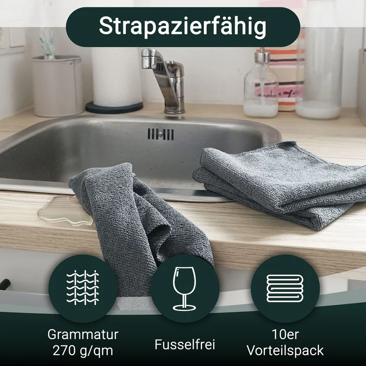 ZOLLNER 10er Set Mikrofasertücher für streifenfreien Glanz, saugstark, grau – Bild 2
