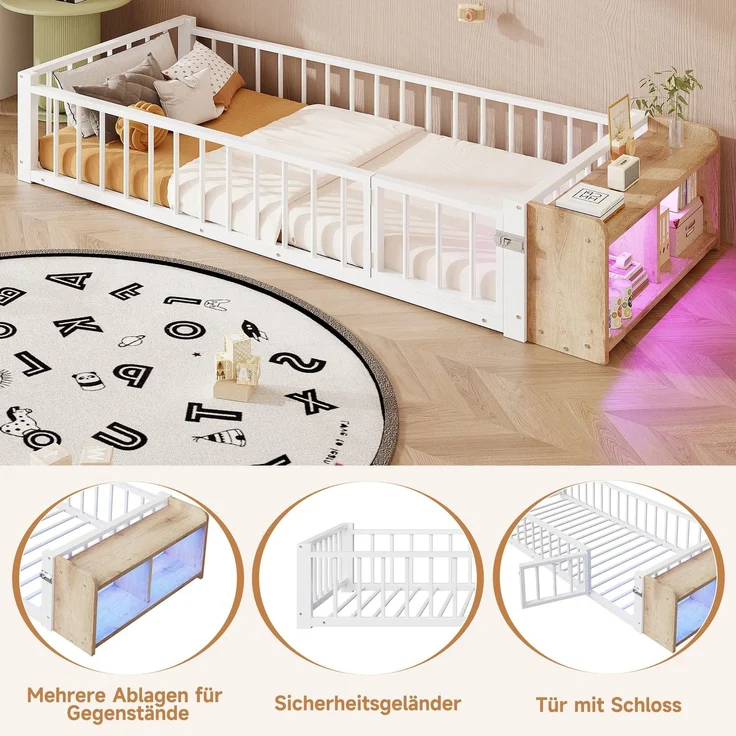 Kinderbett mit LED-Streifen, Regal, Zaun, Lattenrost und Tür, 90x200 cm, Einzelbett mit Rausfallschutz, Metallbett – Bild 5