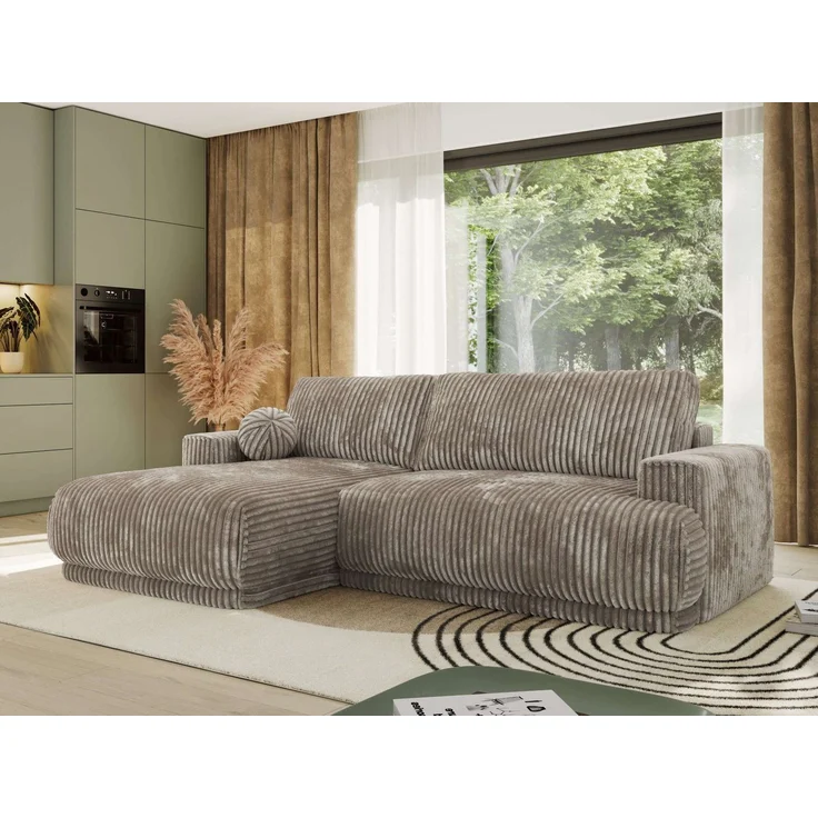 RINA L Design Ecksofa, Schlaffunktion & Stauraum, DL-System, Wellenfedern, Liegefläche 220x155 cm, freistehendes Polstersofa, Schlafcouch - Hellbraun Cord - Links Seite – Bild 1