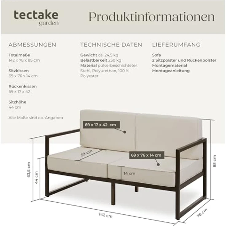 tectake Essgruppe Garten-Loungesofa, (Set, 1-tlg), Pulverbeschichtetes Stahlgestell für maximale Stabilität – Bild 3