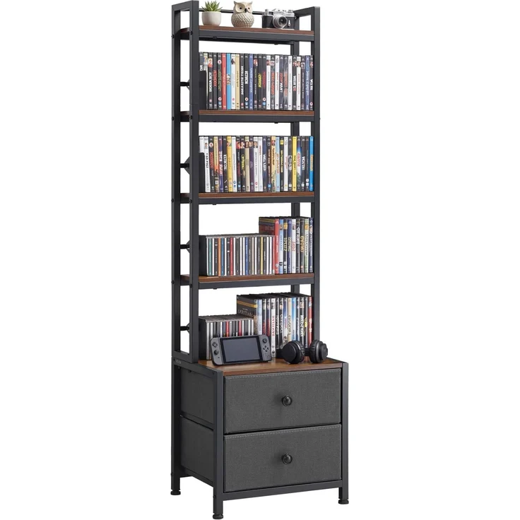 VEVOR DVD-Regal mit 4 Ablagen & 2 Schubladen, Medienregal Standregal 400 x 300 x 1435 mm, Platzsparendes Aufbewahrungsregal für CDs DVDs Bücher Spiele-Discs, Wohnzimmer Homeoffice, Schwarz