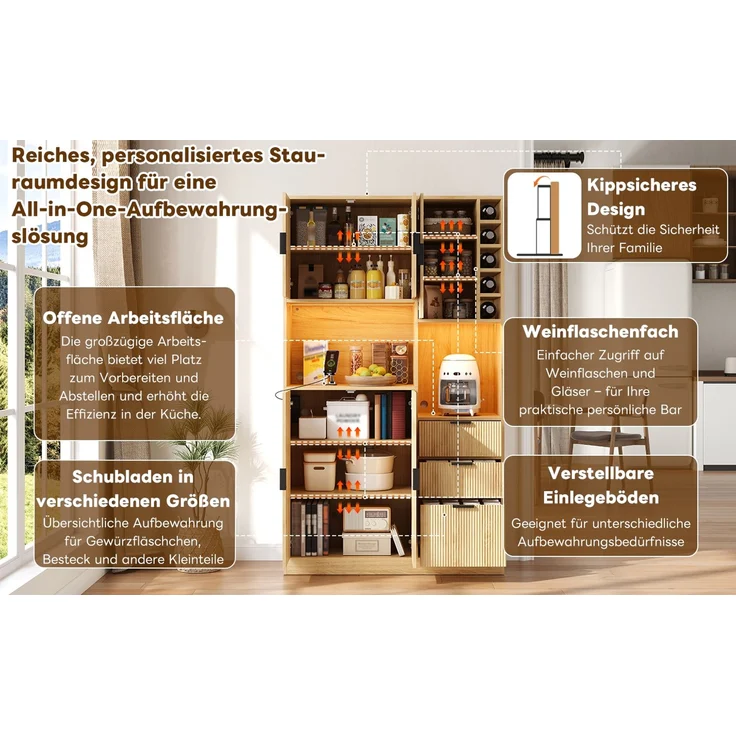 ZUBALIYA Weinschrank 105x40x180 cm, mit LED-Beleuchtung, mit Steckdosen, mit verstellbaren Einlegeböden, aus MDF, Natur – Bild 20
