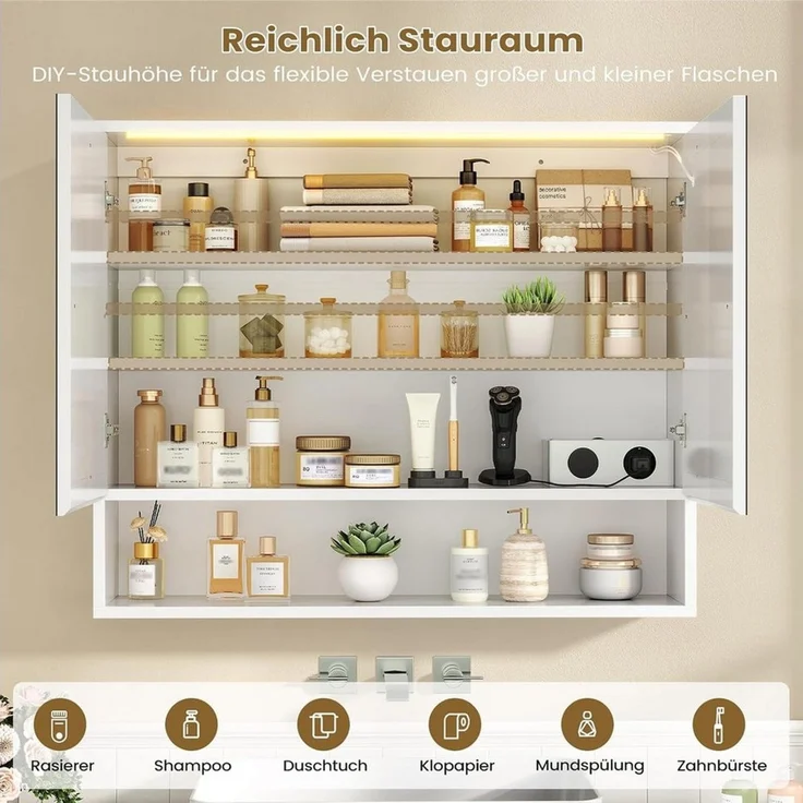 MSMASK Badezimmerspiegelschrank mit LED-Beleuchtung und Steckdose, Offenes Regal, 80 x 19,5 x 75.5 cm (1-St) 3-stufig höhenverstellbare Ablage – Bild 3