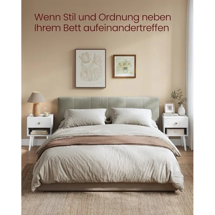 Vasagle Nachttisch, Beistelltisch mit Schublade und offener Ablage, Holzbeine, Couchtisch für Wohnzimmer, Schlafzimmer, Sofa, schneeweiß – Bild 8
