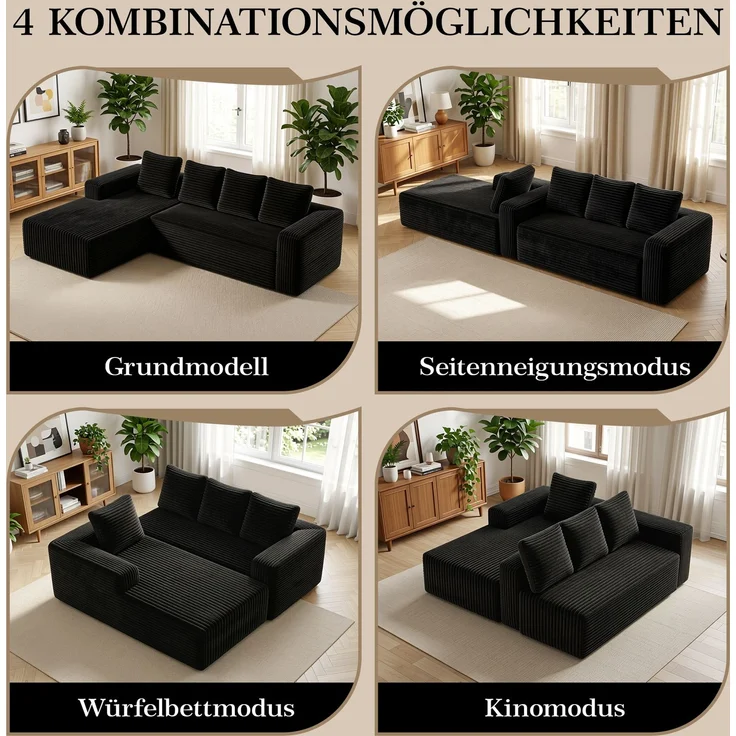 EINHOM Cloud Ecksofa mit L-Shape Recamieren, Modern Modular Sofa mit Deep Seat, Upholstered Sofaes mit Right Facing Recamieren für Wohnzimmer Schlafzimmer, Keine Montage erforderlich, Schwarz (Plush Corduroy Fabric) – Bild 4