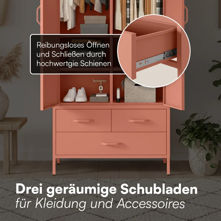 skølm 'Atria' Kleiderschrank mit 3 Schubladen, Metall, 170x45x80 cm, terrakotta, Garderobe mit 4 Fächern und 2 Kleiderstangen – Bild 5