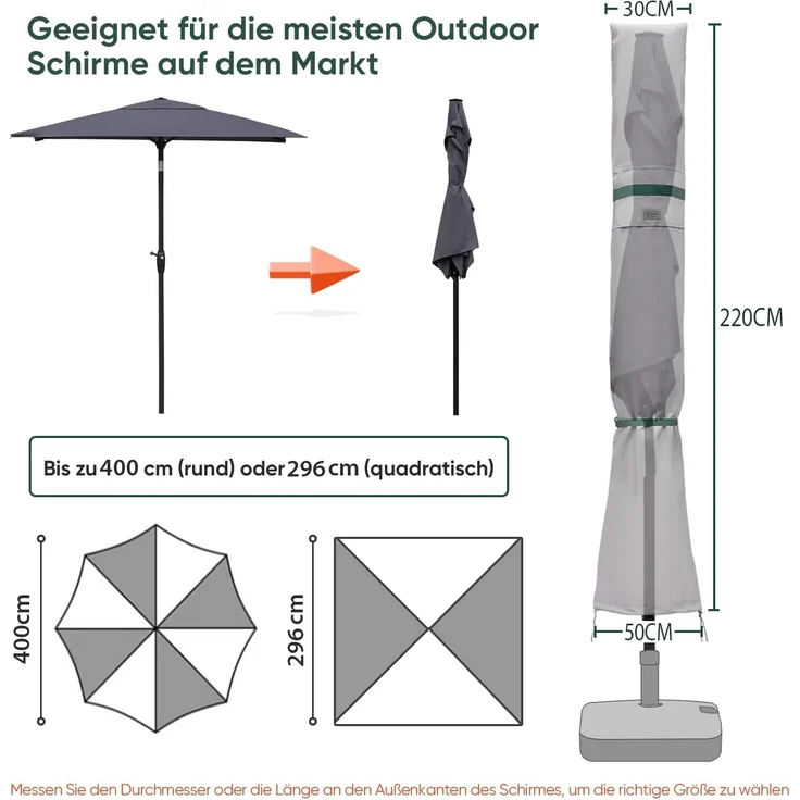 Sekey Sonnenschirm Schutzhülle mit Stab, Abdeckhauben für Ø 350cm / 200x300 cm Gartenschirm mit Belüftungsöffnungen, Abdeckung für Marktschirm / Balkonschirm, 100% Polyester, wasserdicht, Hellgrau – Bild 2