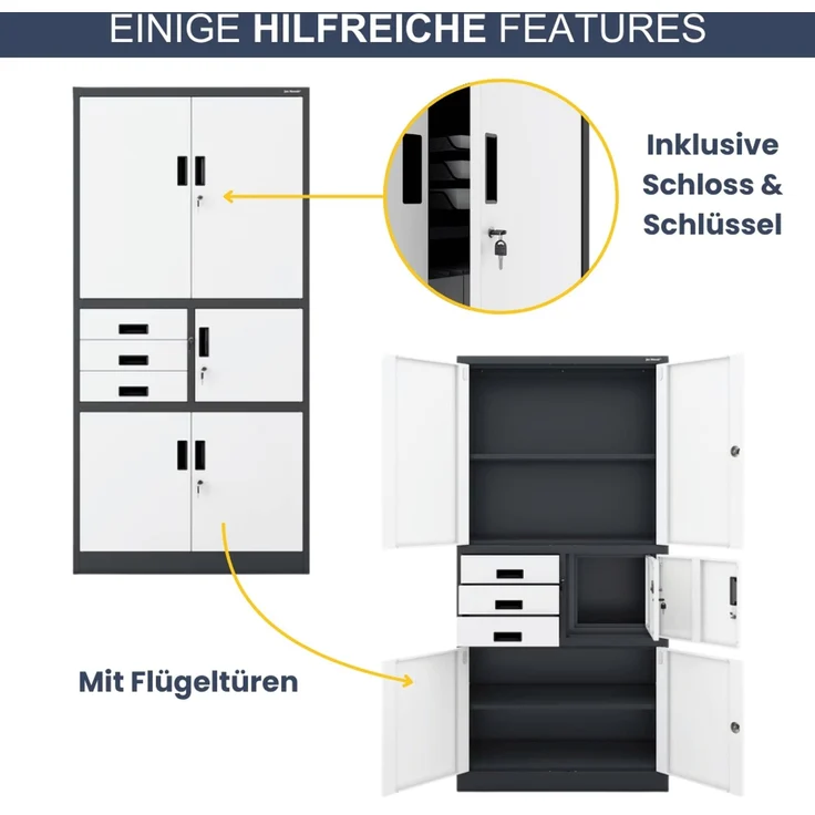 Aktenschrank abschließbar GEDO - mit Tresor & Schubladen| Büroschrank aus Stahl Metallschrank Werkstatt Mehrzweckschrank Werkzeugschrank, 185x90x40cm Anthrazit-Weiß – Bild 5