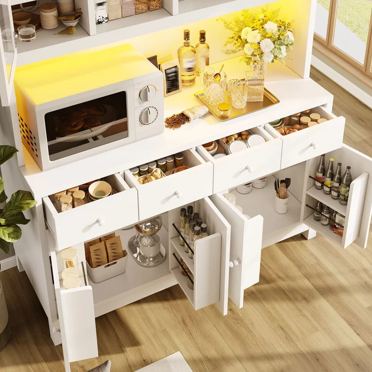 ZUBALIYA Hochbuffetschrank 140*38.5*180cm mit App-gesteuerter RGB-LED / verstellbare Einlegeböden, mit glastüren & 4 Schubladen und belastbar bis 100kg, Naturholz-Optik – Bild 22