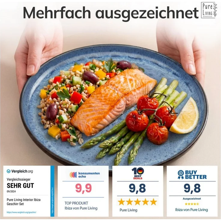 Steingut Geschirrset 12 Pers. Ibiza 48-tlg Hochwertiges Mediterranes TEST SEHR GUT Steingut Geschirr Set - Schüssel- und Teller Set - Tafelservice 12 Personen Geschirrsets Pure Living in Tiefblau – Bild 3