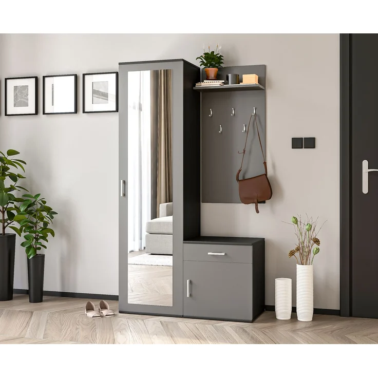 AX LIVING Garderobe mit Spiegel Magnola – 100 cm Breit, Schwarz & Grau – Bild 1