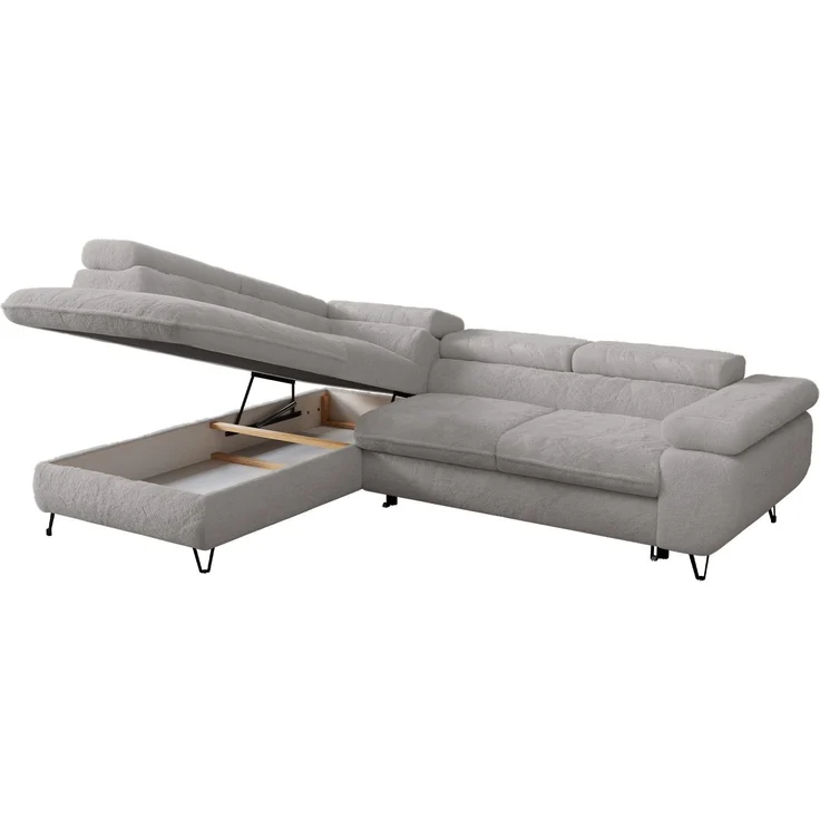 Ecksofa mit Bettfunktion, Modern Sofa, L-form, Einstellbare Kopfstützen, Bettkasten - PETER - Hellgrau Plüsch - Topper T25 - links – Bild 3