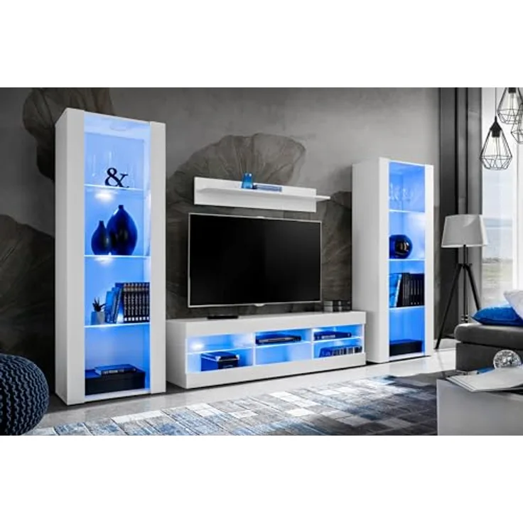Komodee Wohnzimmerset Tivoli Grande, Weiß, Holzwerkstoff, 9 Fächer, Rechteckig, 250x159x35 cm, Wohnzimmer Wohnwände