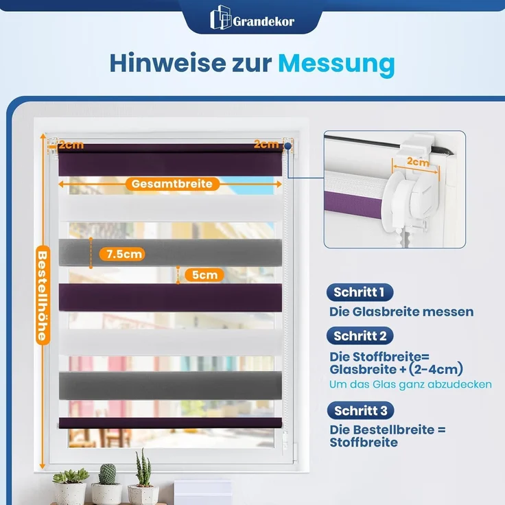 Grandekor Doppelrollo Klemmfix ohne Bohren Weiß-Anthrazit-Lia 65x150 cm(Stoffbreite 61cm) Fenster Rollos für innen Klemmrollos Duo Rollos für Fenster ohne Bohren mit Bohren Privatschutz Zebrarollo – Bild 7