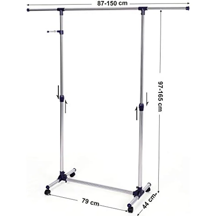 Songmics Kleiderständer, Garderobenständer auf Rollen, Rohre mit Edelstahlbeschichtung, mit ausziehbarer Kleiderstange, seitliche Haken für Accessoires, höhenverstellbar 97-165 cm, Blau – Bild 4