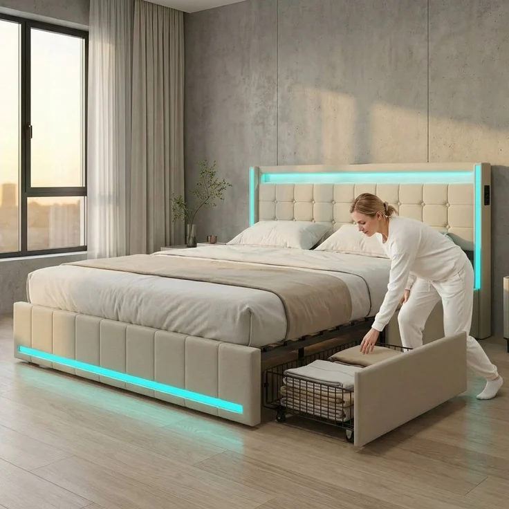 Simurq Polsterbett 180 x 200 cm Doppelbett mit LED Beleuchtung und Ladefunktion (Mit Komforthöhe Lattenrost, Leises Design Bett), Jugendbett 4 Schubladen Stauraumbett, in 2 Größen verfügbar – Bild 2