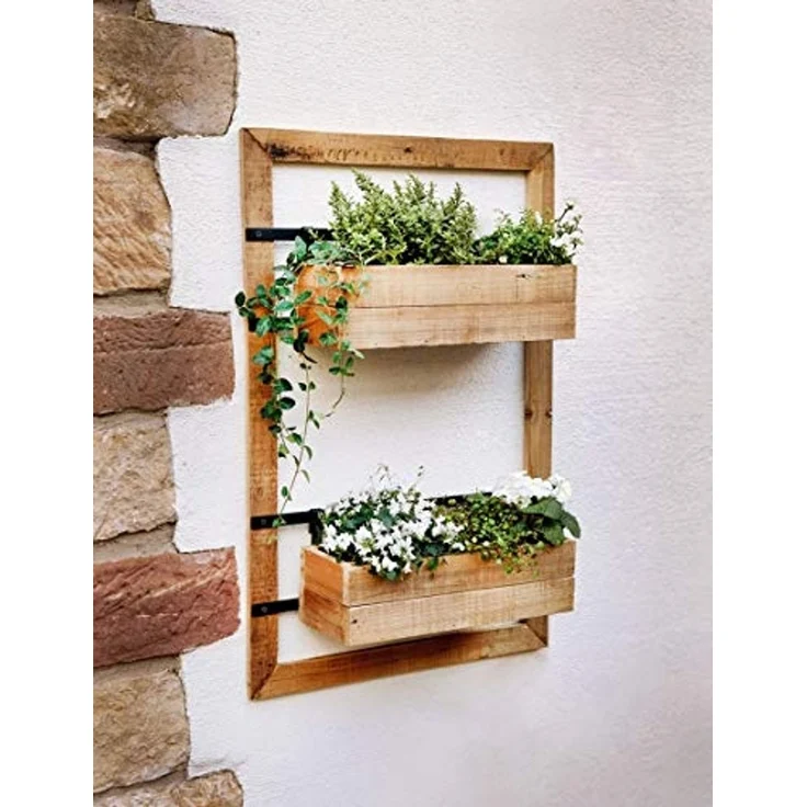 Dekoleidenschaft Blumenkasten "Industrial" aus Holz mit 2 Pflanzkästen, Pflanzenkasten, Balkonkasten, Wandregal mit Blumenkübel, Pflanzenhalter, Wandpflanzer, Blumenregal – Bild 1