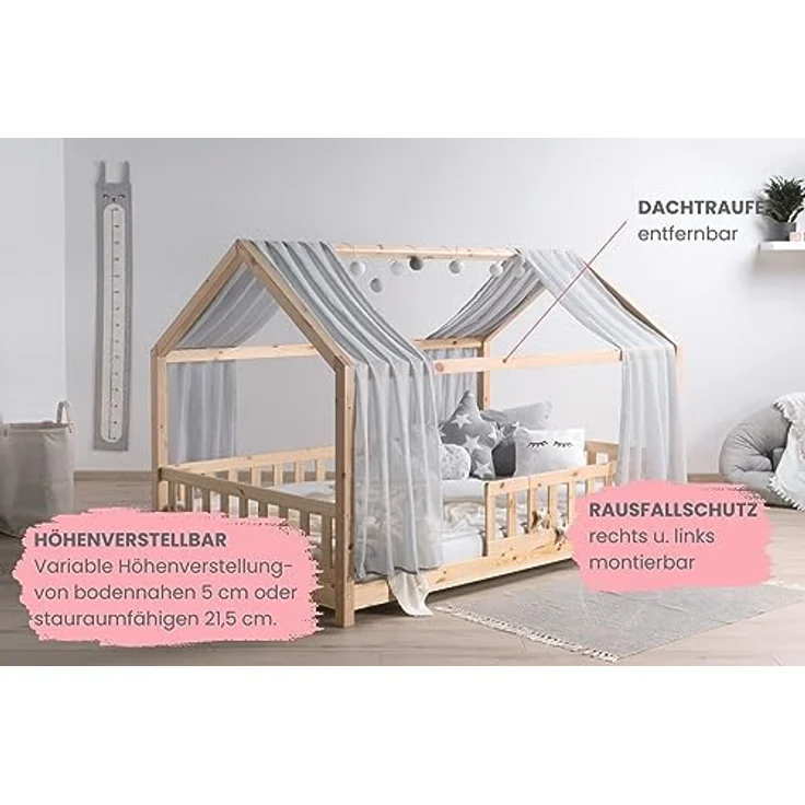 TiCAA Kinderbett Hausbett mit Tüll Kim 90x200 cm, 100x200 cm, 120x200 cm, 140x200 für Jungen & Mädchen, inkl. Rolllattenrost, Rausfallschutz variabel, Montessori Bett Natur aus Kiefer Massivholz – Bild 6