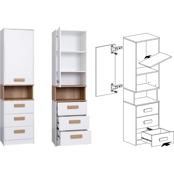 Marmex Möbel Grant Set-11 Jugendzimmer Komplett-Set 7-teilig mit Eckkleiderschrank, Kinderzimmermöbel mit Schreibtisch, laminierte Spanplatte, weiß+riviera Eiche – Bild 5