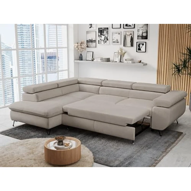 Mks Möbel 'Peter L-form' Ecksofa mit Bettfunktion, Bettkasten & einstellbaren Kopfstützen, Beige, Mikrofaser, links – Bild 6