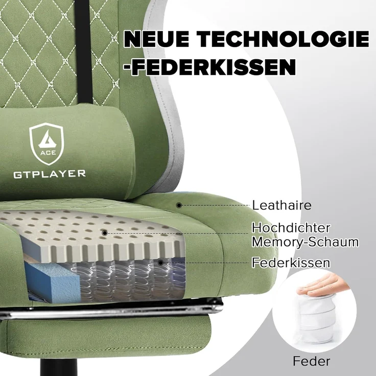 GTPLAYER Gaming Stuhl Ergonomischer Gaming Sessel Schreibtischstuhl mit Stoffoberfläche, Federsitzkissen, Verbindungsarmlehnen und Fußstütze grün – Bild 4
