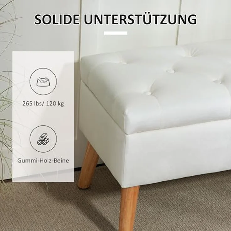 HOMCOM Sitzbank mit Stauraum, Deckel, Samtoptik (Truhenbank, 1-St, Polsterbank), für Flur Schlafzimmer Wohnzimmer, Gummiholz 102 x 35 x 43 cm Weiß – Bild 7