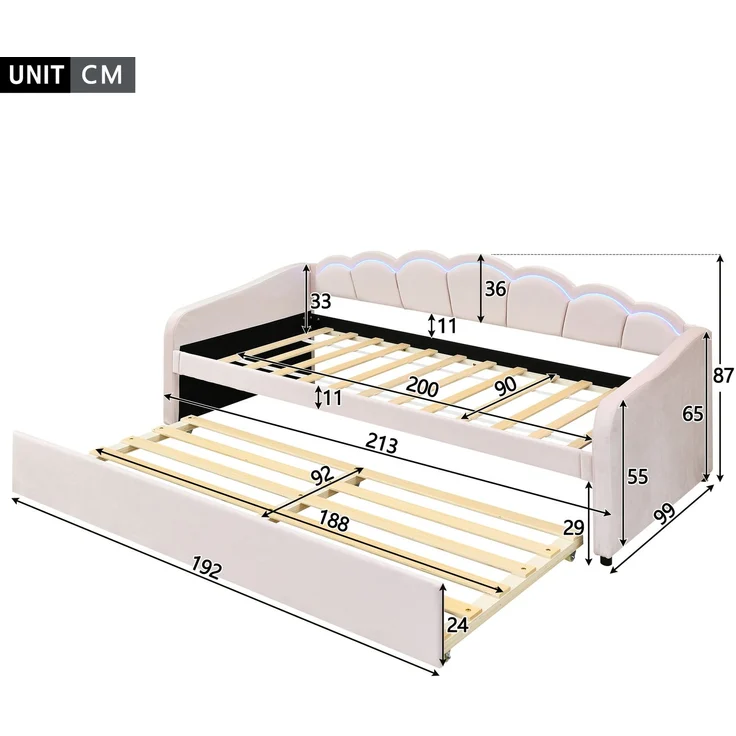 Ausziehbett 90/190–200×200 cm mit LED-Rückenlehne, Samt in Rosa, ohne Matratze – Bild 7