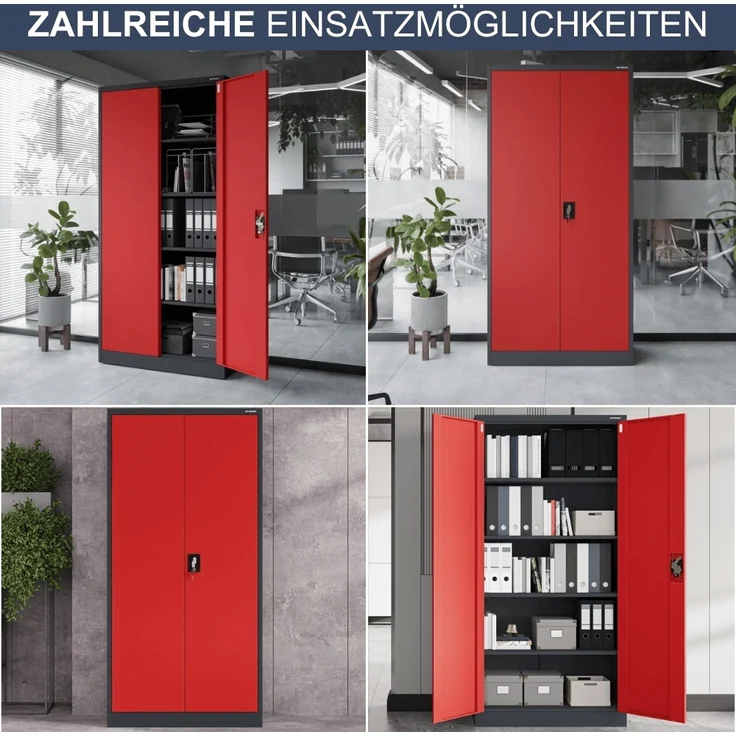 MegaDeal 4x Aktenschrank abschließbar KADO - 5 Ebenen verstellbar, Flügeltüren | Metallschrank Werkstatt Mehrzweckschrank Büroschrank aus Stahl Werkzeugschrank, 185x90x40cm Anthrazit-Rot – Bild 6
