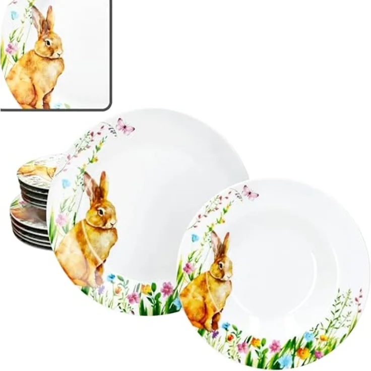 MamboCat Tafelservice 12tlg Tafelservice Osterfreude Porzellan 6 Personen Hase, Porzellan