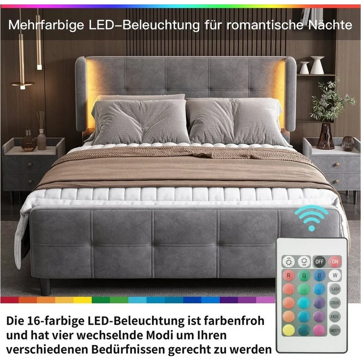 HAUSS SPOLE Polsterbett 140x200cm mit LED-Leisten, höhenverstellbares Kopfteil, Samt, Grau (Stauraum im Wohnzimmer und Schlafzimmer, MDF, Samt), Samt 140x200 cm,Inklusive Matratze – Bild 2