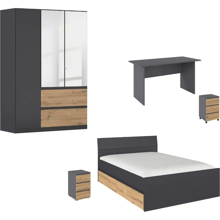 rauch Jugendzimmer-Set Komplettzimmer Schlafzimmer-Set (5-St) Jugendzimmer-Set JOEL, (Set, 5-tlg, Bett 90x200 oder 140x200 cm, Ausstattungspakete BASIC/CLASSIC/PREMIUM), Bett 2 Breiten,Nachttisch,Tisch,Rollcontainer,Schrank MADE IN GERMANY