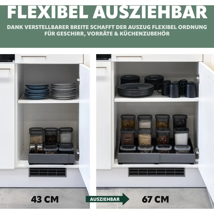 Teleskopschublade mit Einlegeboden, ausziehbar, Breite von 43-67 cm, zum Kleben oder Bohren, aus grauem Metall – Bild 3