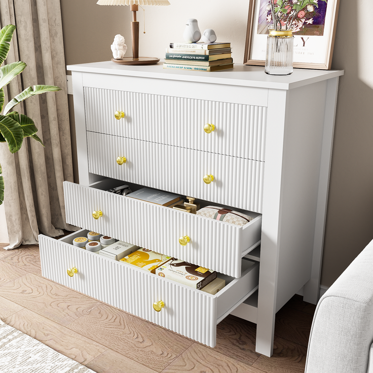 Kommode mit 5 Schubladen Weiss Struktur Front Gold Griffe Sideboard Aufbewahrung Schrank Schlafzimmer Wohnzimmer 80cm – Bild 4