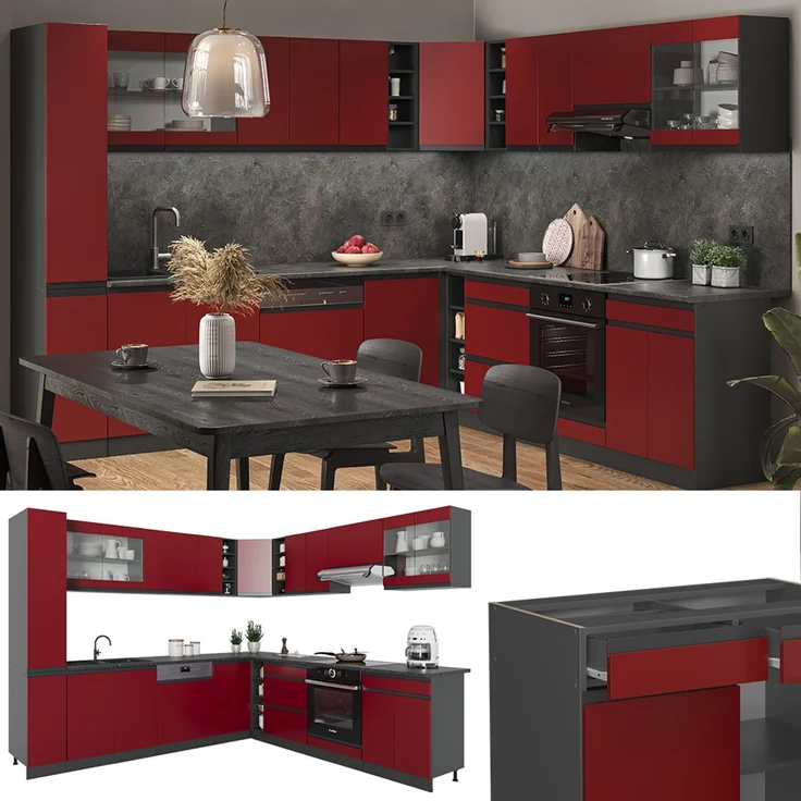 Eckküche R-Line Rot/Anthrazit 277 x 257 cm J-Shape, AP Eiche Vicco – Bild 2