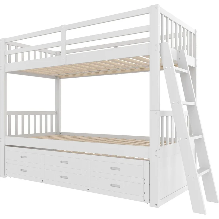 Etagenbett mit 2 Schlafgelegenheiten, Ausziehbett, Schubladen, Leiter und Rausfallschutz, 90x200 cm, Kinderbett umbaufähig zu 2 Einzelbetten, Kiefer – Bild 8