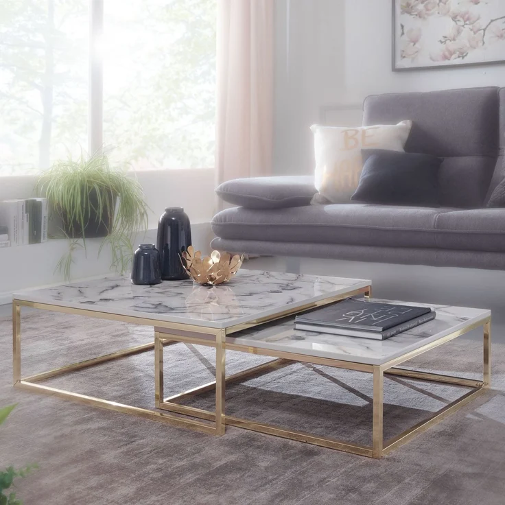 Wohnling Couchtisch 2er Set Weiß Marmoroptik Eckig Metallgestell Gold Modern 75x75x27 cm – Bild 2