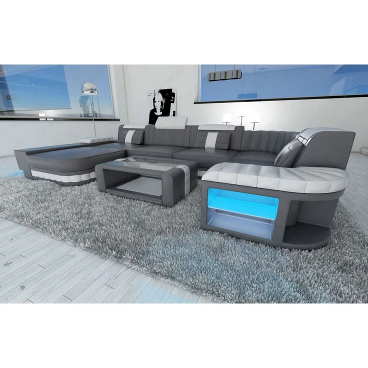 Sofa Dreams - Mini Designer Wohnlandschaft Bellagio Led U-Form - Büffelleder - Grau-Weiß - Links – Bild 5