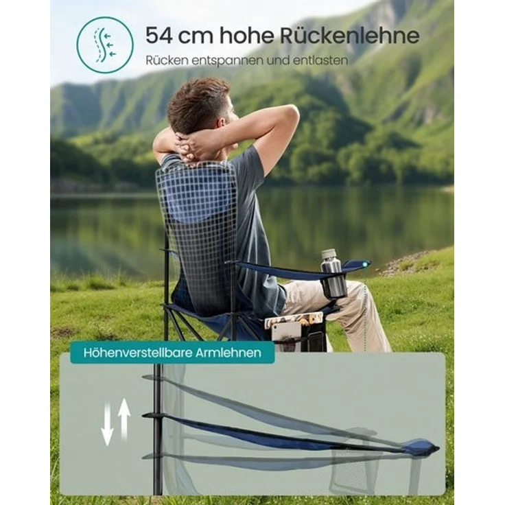 SONGMICS Campingstuhl 2er Set, Klappstuhl Outdoor, Angelstuhl, hohe Rückenlehne, verstellbare Armlehnen, Getränkehalter, klappbar, bis 150 kg belastbar, Camping Garten, hafenblau GCBDE028Q01 – Bild 4