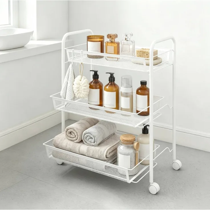 Rollwagen aus Stahl mit 3 abnehmbaren Körben, 45x26,5x63 cm, Weiß