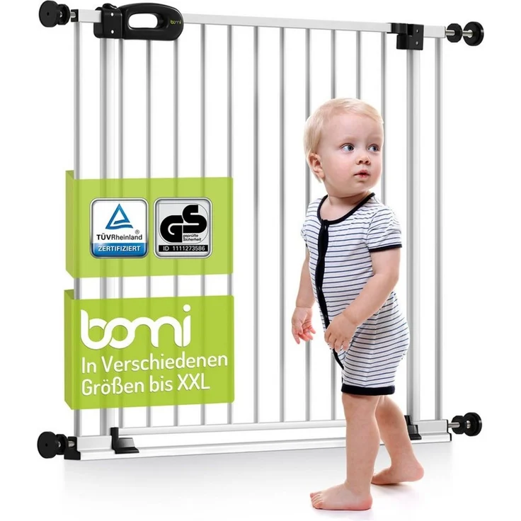 BOMI Türschutzgitter Treppenschutzgitter Merle Flatstep, Babygitter flacher Steg, 63-217 cm (verschiedene Größen, klemm- & verschraubbar), 2-Wege-Öffnung, geprüftes Kindergitter, extra breiter Durchgang – Bild 1