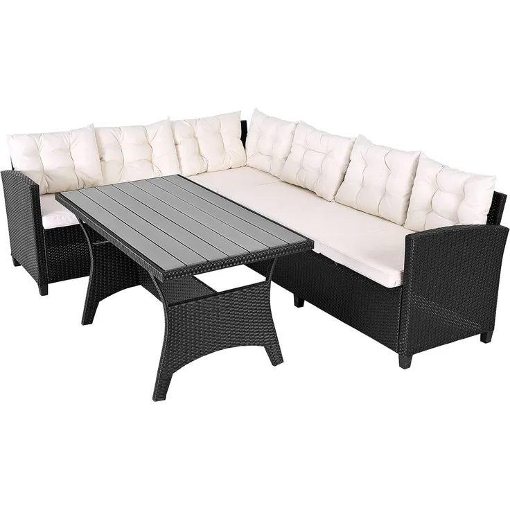 Casaria Gartenlounge-Set Lissabon, Polyrattan WPC Esstisch Eckbank 15cm Kissen 7cm Auflagen Wetterfest