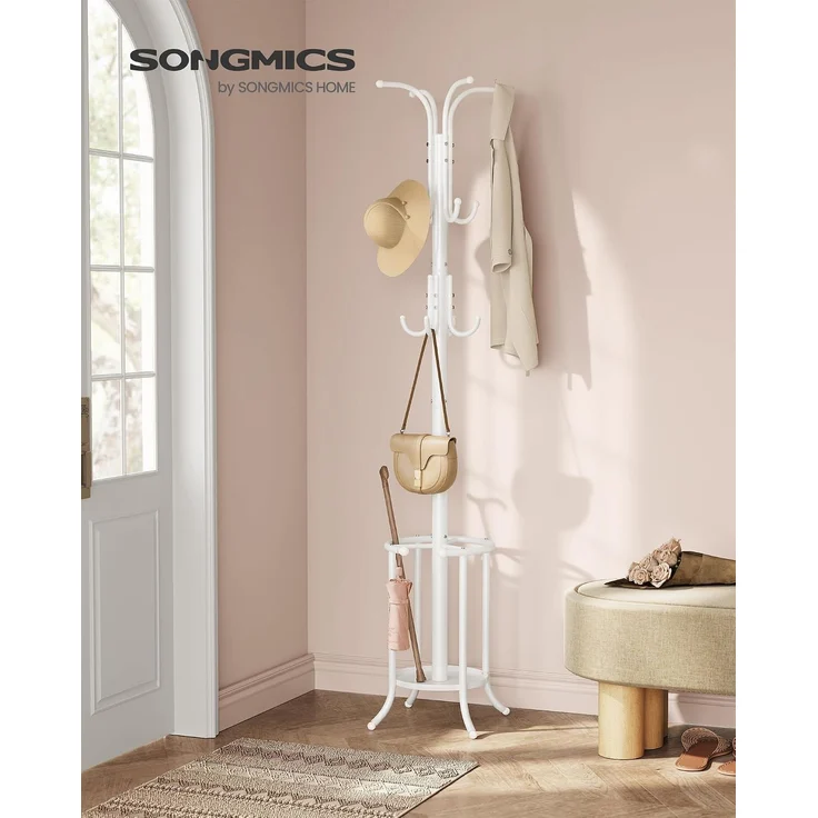 Songmics Kleiderständer freistehend, Garderobenständer mit Regenschirmständer, 12 Haken, Metall, 175 cm hoch, für Eingangsbereich, Flur, Wohnzimmer, Schlafzimmer, perlweiß RCRDE011W01 – Bild 2