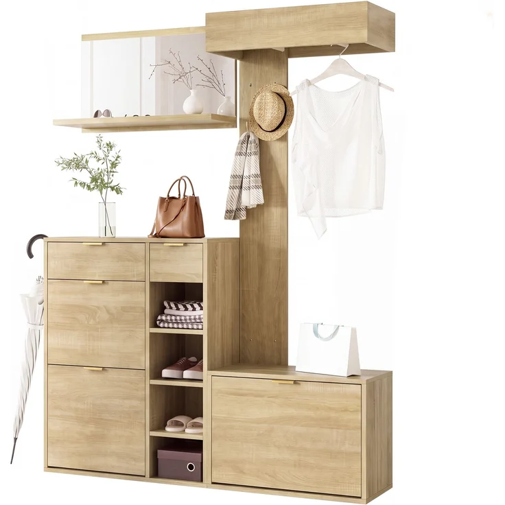 Flurgarderoben-Set, B 130 x T 30 x H 174 cm, aus Spanplatte in Holzdekor und Weiß – Bild 7