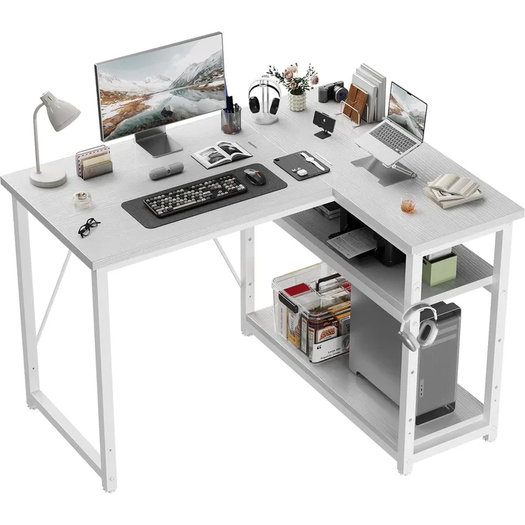 JUMMICO L-förmiger Schreibtisch 100x80 cm mit Stauraum, Eck-Computertisch mit umkehrbarem Regal, Stabiler Bürotisch und Arbeitsstation für das Homeoffice,Weiß