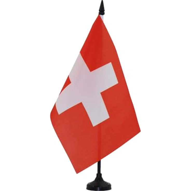 AZ FLAG Tischflagge Schweiz 21x14 cm Polyester 100D Kunststoffsockel | Für innen Helvetische Tischflagge genähte Ausführung mit verstärkten Kanten mit Kunststoffstab 100D Polyester – Bild 1